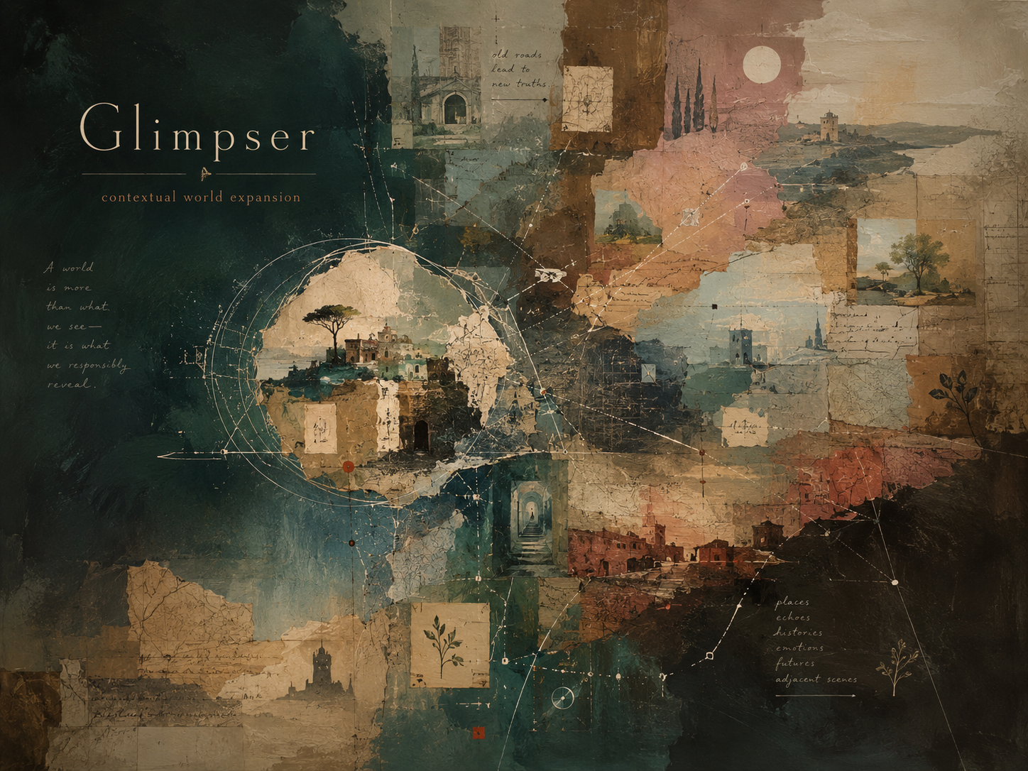 Glimpser softer world-map generated cover for literary and atmospheric contexts