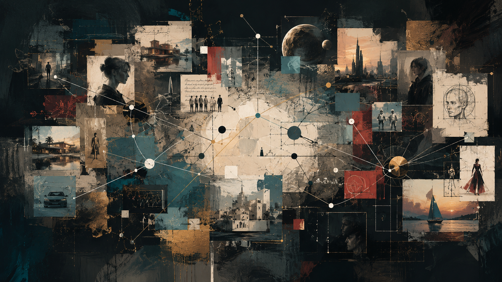 Glimpser multi-context narrative collage with characters places objects and reference signals
