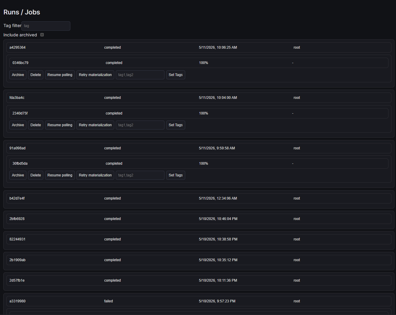 AiA runs and jobs view showing operational execution tracking.