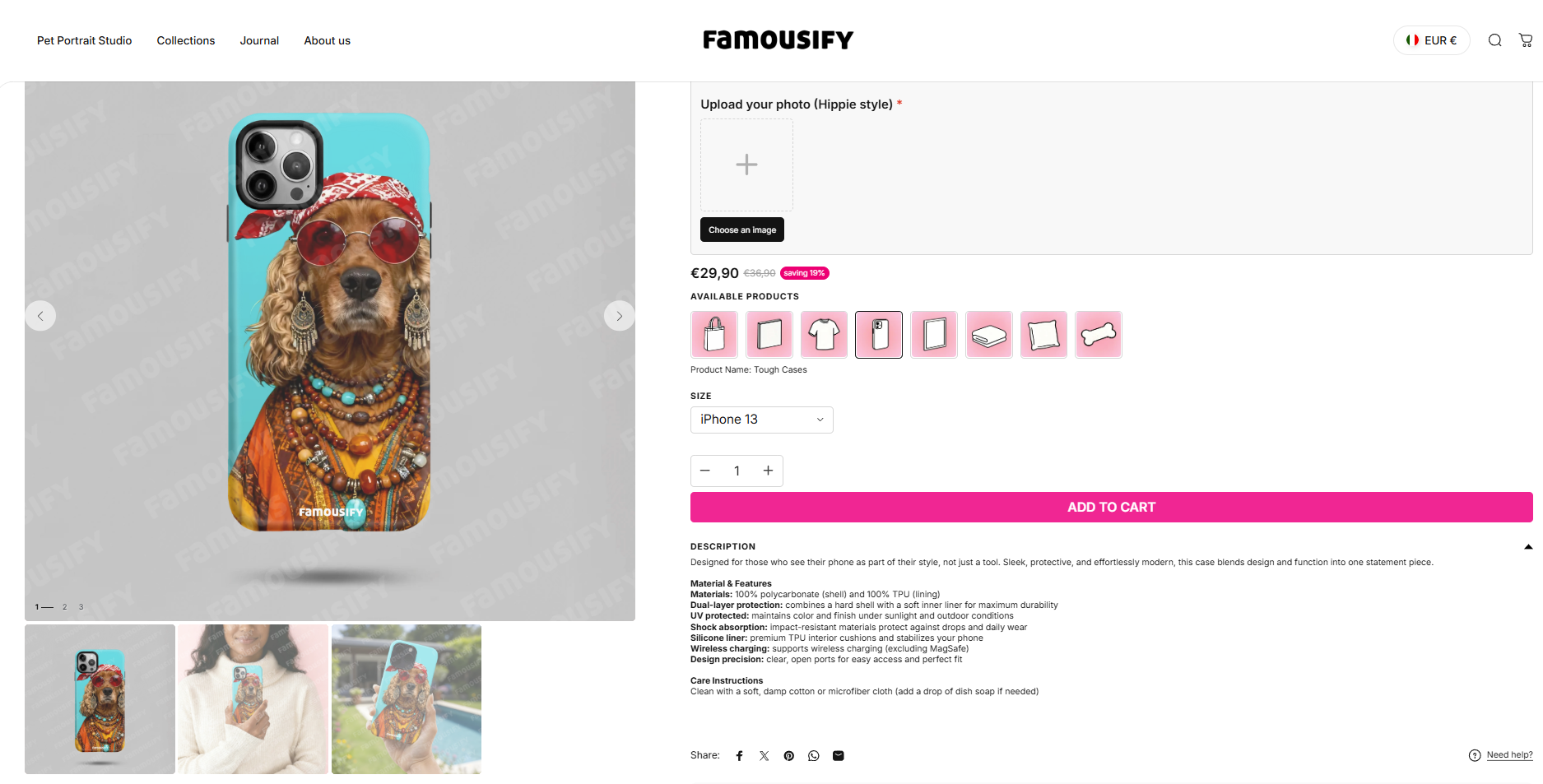 Famousify phone case product page